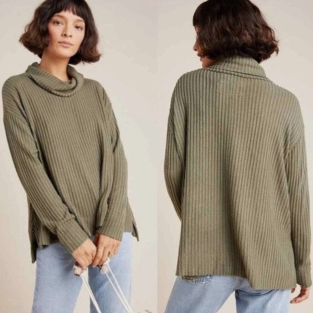 NWT Anthropologie Maeve Vanna  Ribbed Cowl Neck Pullover | Olive Green | M
